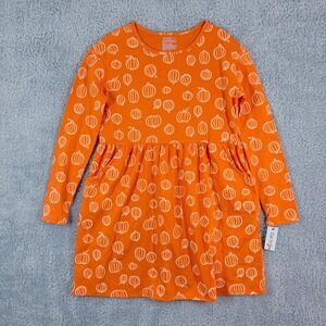 NEW Cat & Jack Girls Orange Pumpkin‎ Print Long Sleeve Dress Kid Size Halloween